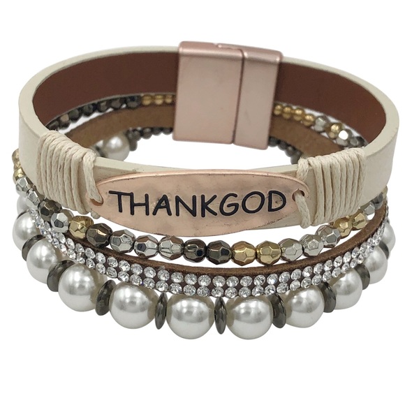 Thank God 4 Row Ivory Vegan Leather & Beaded Magnetic Clap Layered Bracelet - Picture 1 of 3